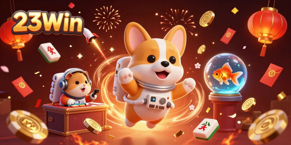 Experience the excitement of 23Win with a 3D floating astronaut corgi and dynamic casino elements.