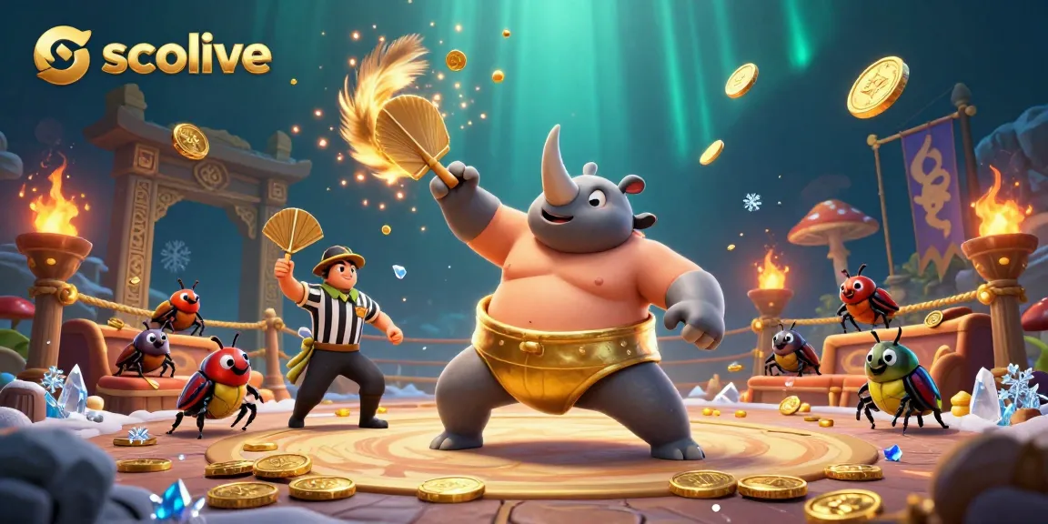 Socolive showcases a thrilling virtual match featuring a rhinoceros beetle champion amidst golden coins and an energetic atmosphere.
