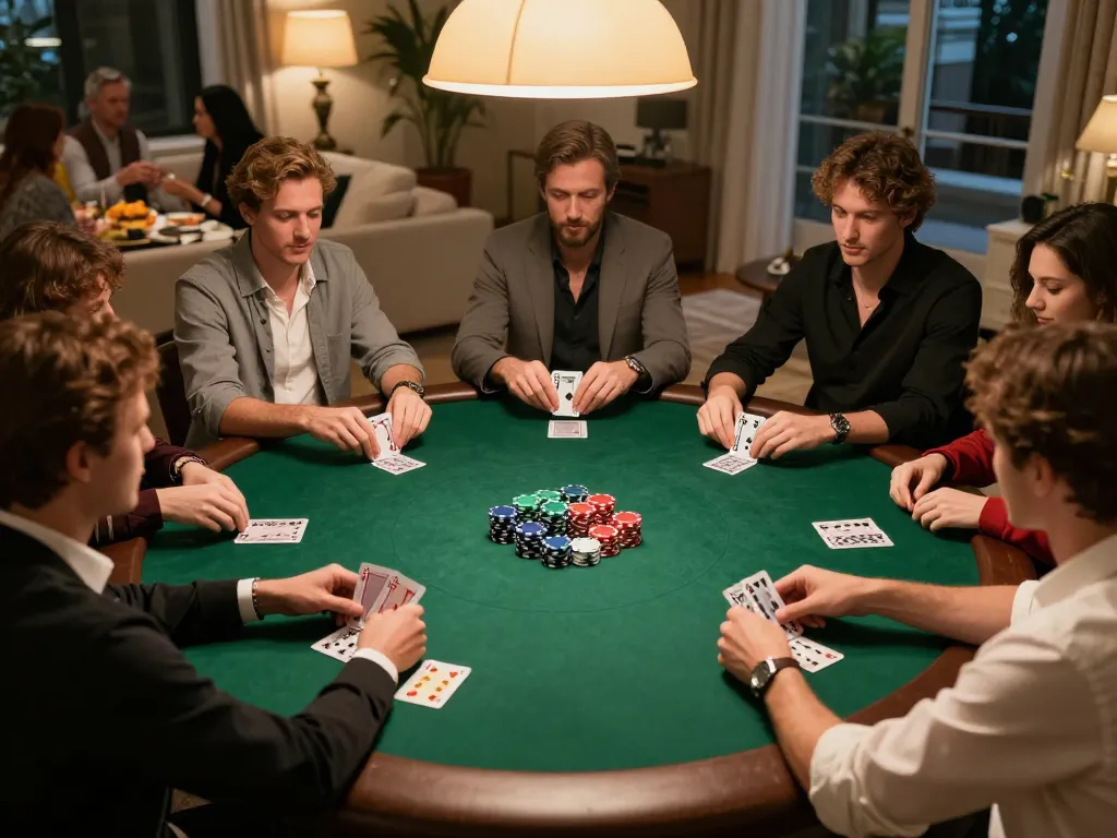 Players enjoying five88 poker night with vibrant chips and cards on a green felt table.
