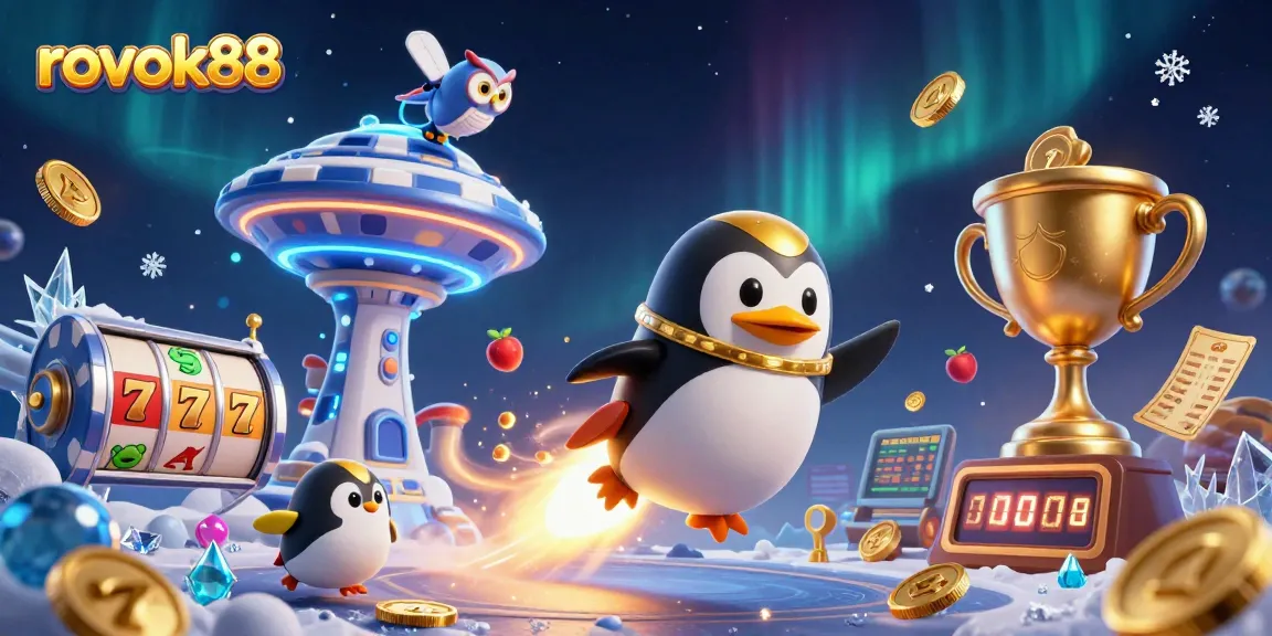 Experience the thrill of rokok88 with a golden penguin soaring towards a vibrant casino!