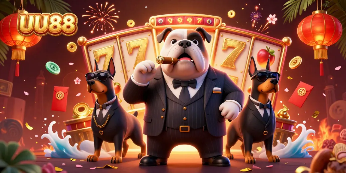 UU88 features a mafia bulldog and bodyguards engaging with spinning slot reels and jackpot symbols.