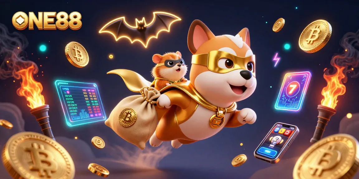 Experience the thrill of the ONE88 casino with a dynamic 3D illustration showcasing a superhero dog and hamster among exciting gaming elements.