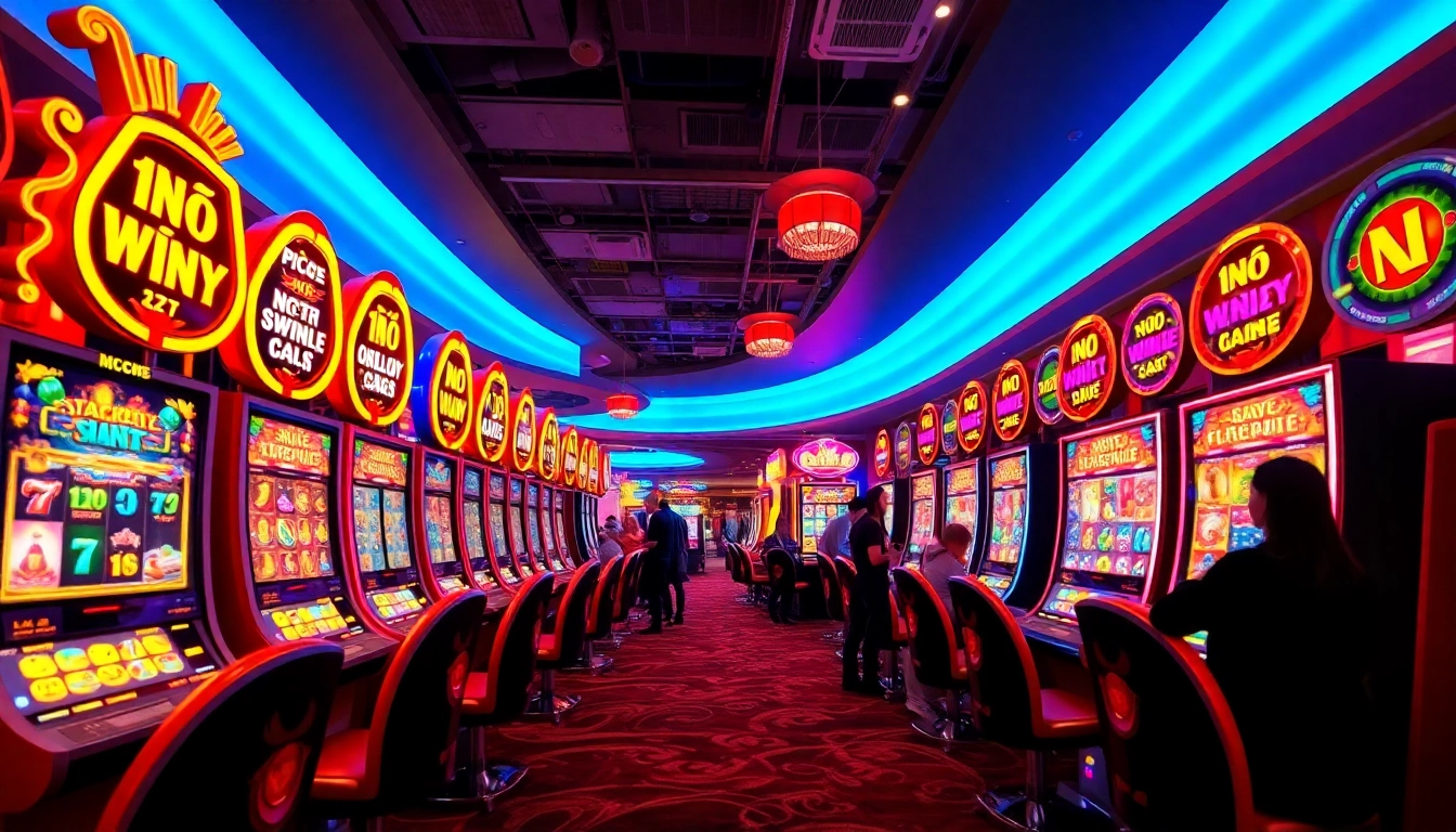 Nổ Hũ slot games create a vibrant casino atmosphere filled with excitement and colorful lights.