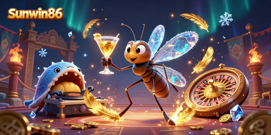 Engage with sunwin86 at a vibrant casino scene featuring a unique frozen mosquito mascot and gold roulette wheel