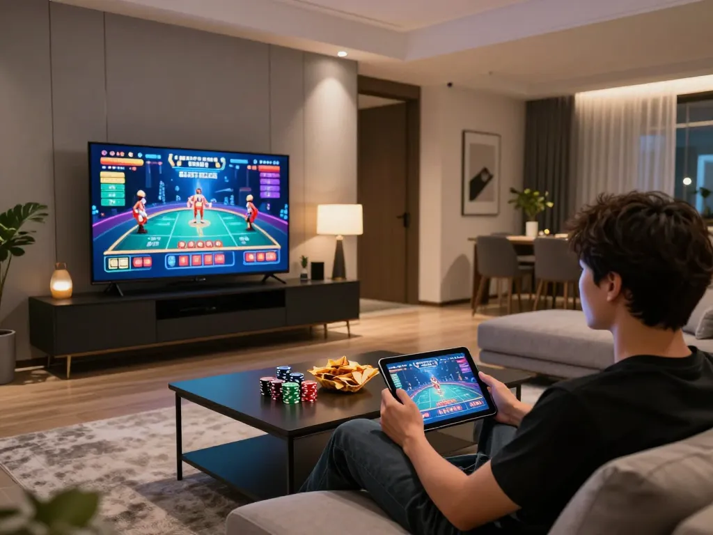 Engaged player immersed in thabete online casino gaming on tablet, showcasing a cozy home setup.