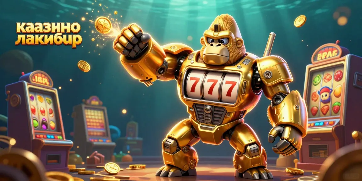 Experience the thrill of казино лакибир with dynamic 3D visuals of a golden gorilla mech and vibrant game elements.