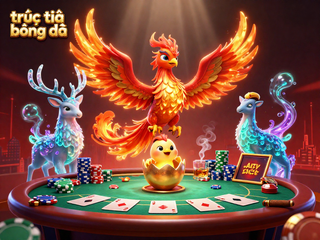 Experience the thrill of trực tiếp bóng đá with vibrant 3D illustration featuring poker elements and dynamic characters.