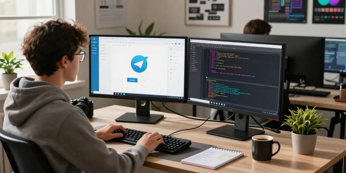 Young developer using Telegram Web Version in a modern workspace with dual monitors and natural light.