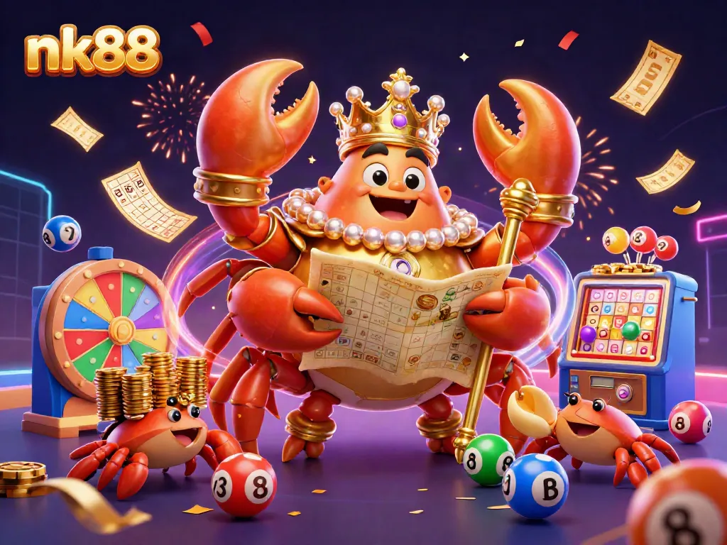 Join the fun at nk88 with vibrant lottery balls, golden prizes, and a majestic crab emperor.