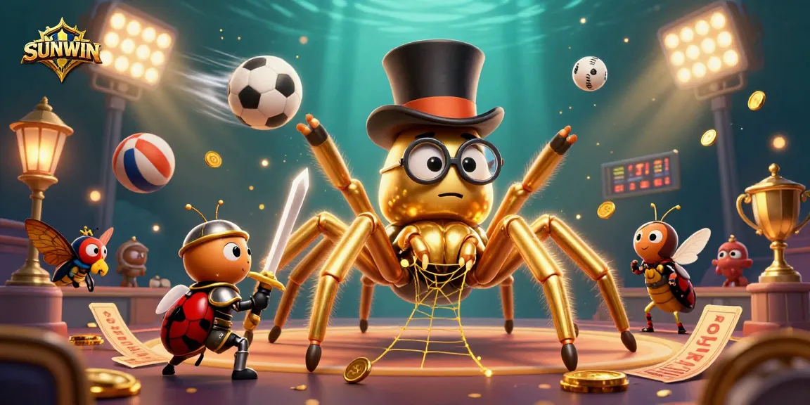 SUNWIN captivates players with an engaging 3D casino illustration featuring a giant golden tarantula, a brave beetle knight, and dynamic sports elements.