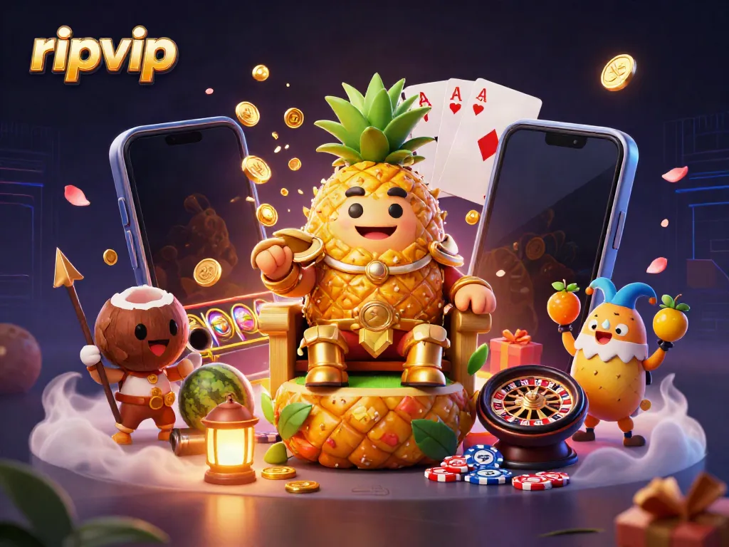Engaging ripvip 3D casino scene featuring pineapple king, surrounded by dynamic slot game elements and golden coins.