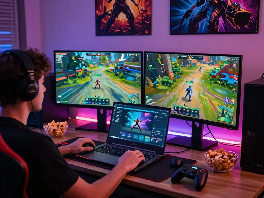 Exciting gaming setup featuring a user playing tải sunwin on dual monitors, with vibrant visuals and cozy atmosphere.