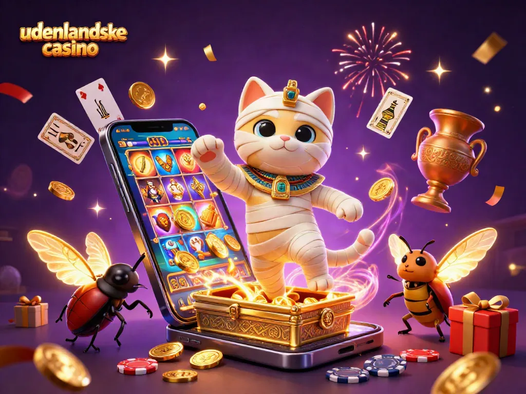 Experience excitement at udenlandske casino with a mummy cat and golden scarab in a vibrant gaming scene.