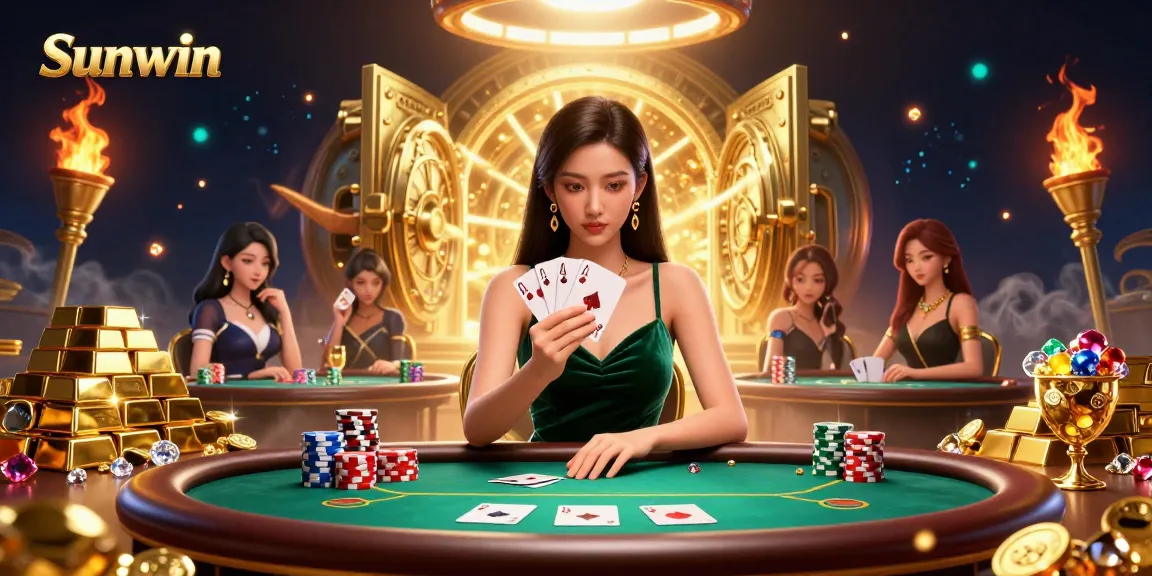 Sunwin players engage in intense poker strategy at a luxurious gaming table