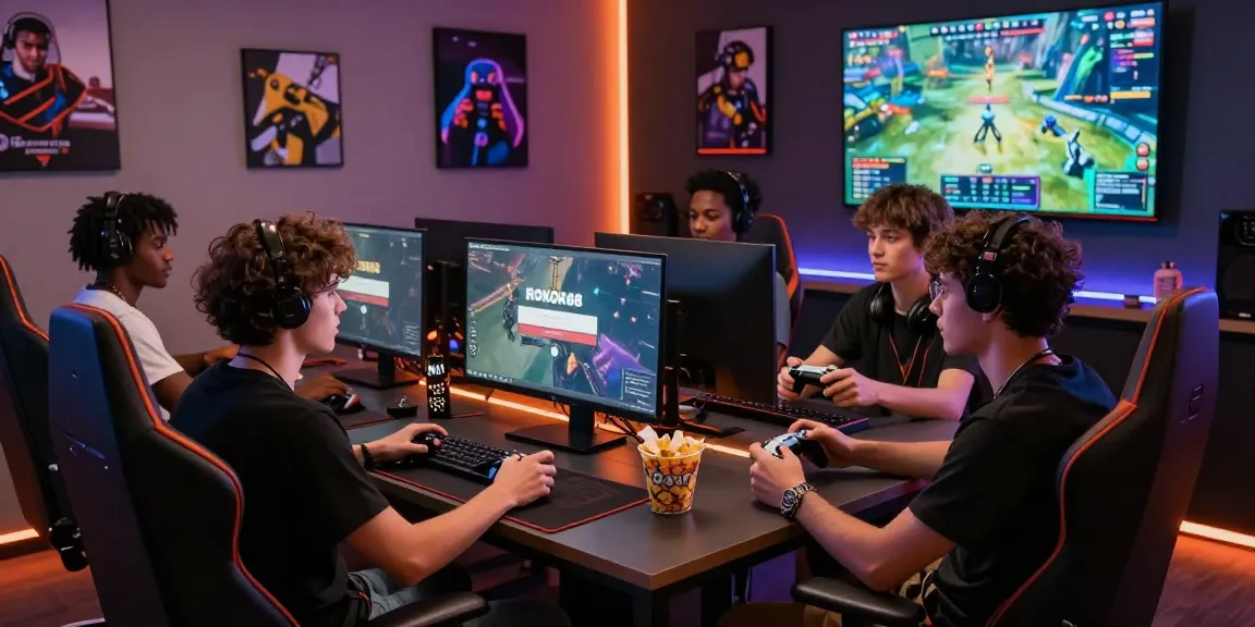 Friends enjoying a gaming lounge while using ROKOK88 login interface on PC, creating an inviting atmosphere