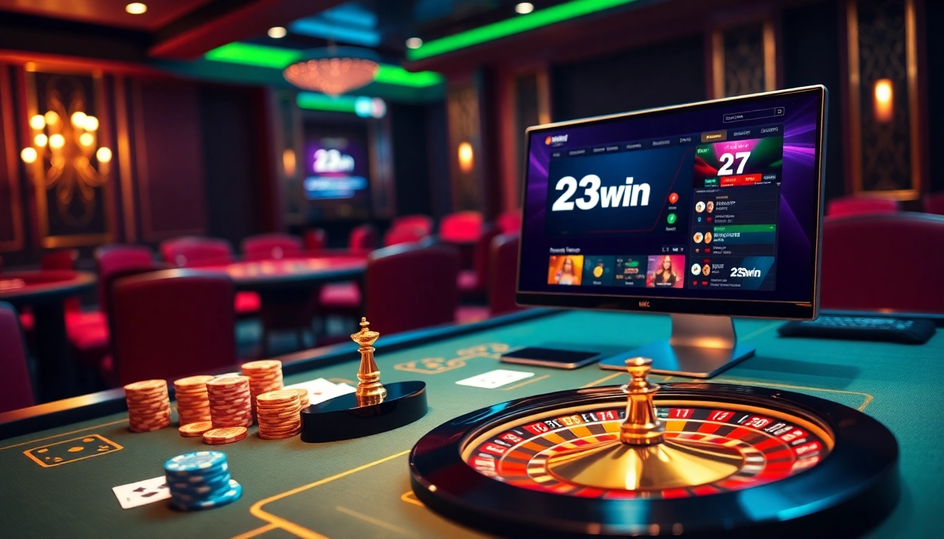 Experience the thrill of gambling at 23win with a stylish casino scene featuring cards and roulette.