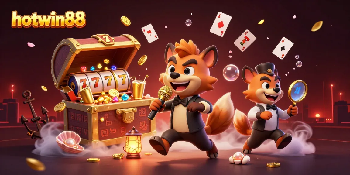 Hotwin88 showcases a vibrant 3D illustration of hyenas in a dynamic comedy casino club filled with slots.