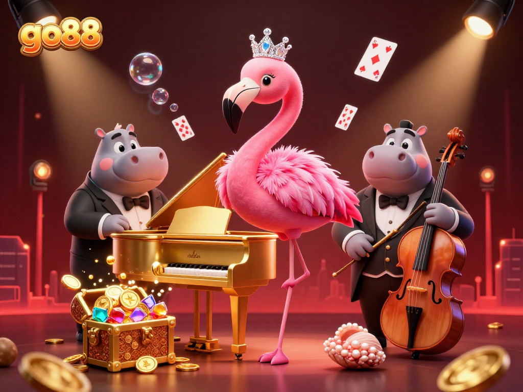 Experience excitement with go88 in a vibrant casino scene featuring a singing flamingo and a bass-playing hippo.