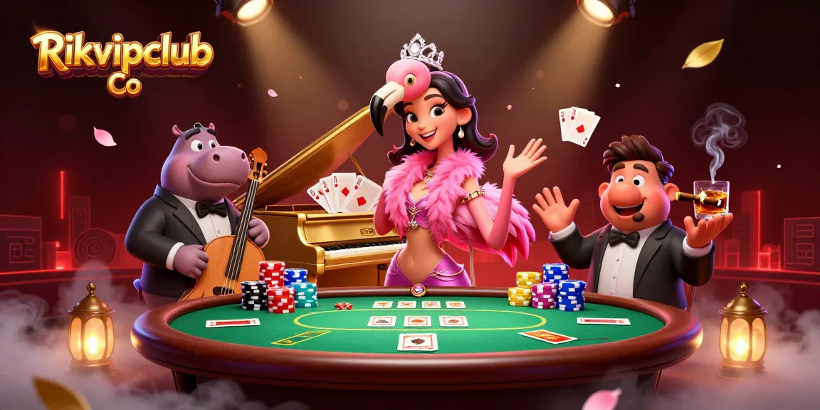 Engage with a lively casino scene featuring Rikvipclub Co where a flamingo singer performs amidst vibrant poker elements.