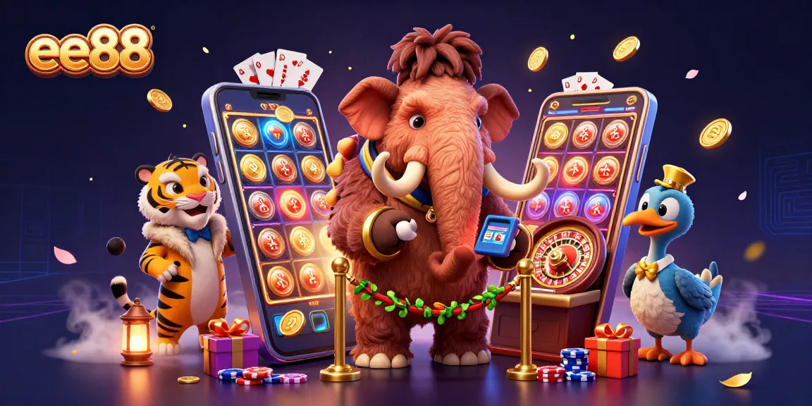 Experience the thrilling world of ee88 with a whimsical 3D illustration of a woolly mammoth bouncer and a saber-tooth tiger VIP.