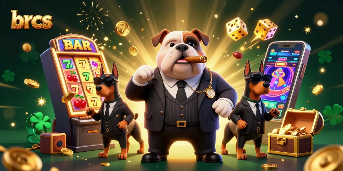 Brcs showcases a 3D cartoon scene with a bulldog mafia boss and Dobermans at a credit card casino.