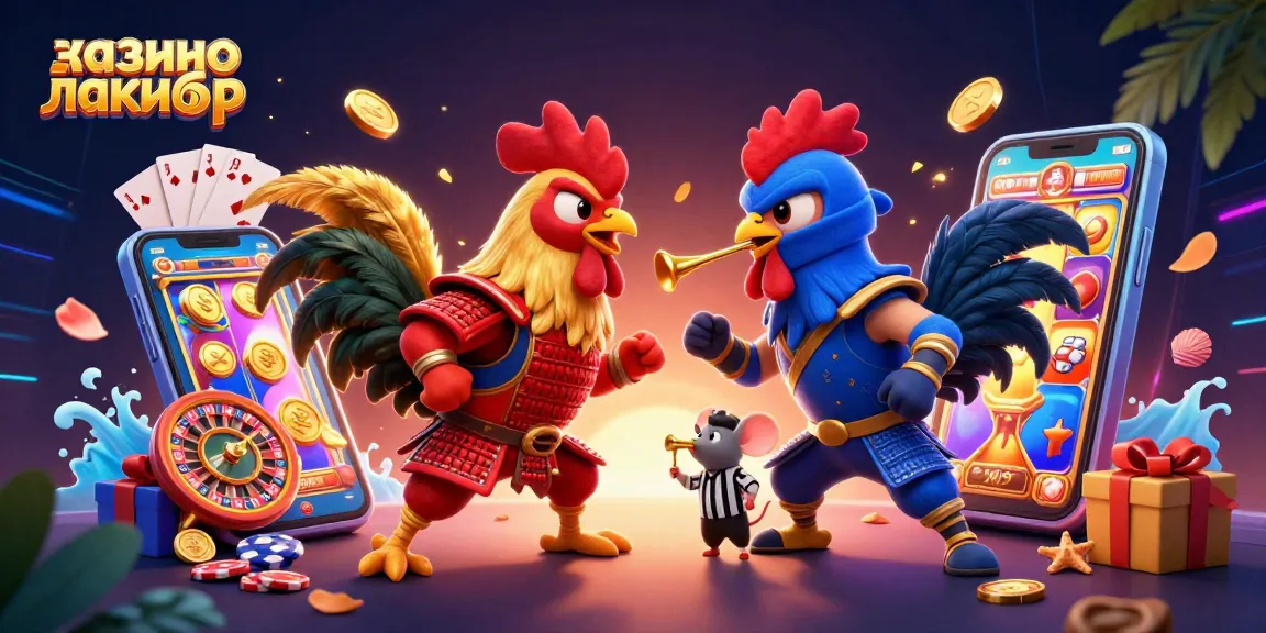 Engage with the dynamic scene of казино лакибир featuring fighting roosters in a vibrant casino setting.