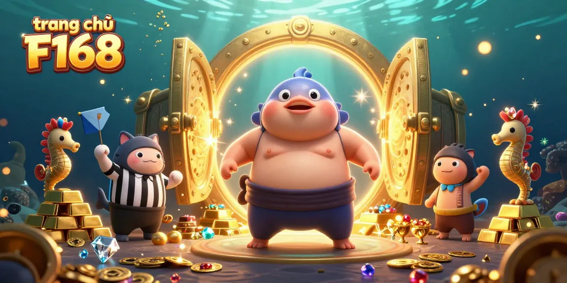 Immerse in the magic of trang chủ F168 with playful fugu and vibrant casino treasures in an enchanting underwater scene.