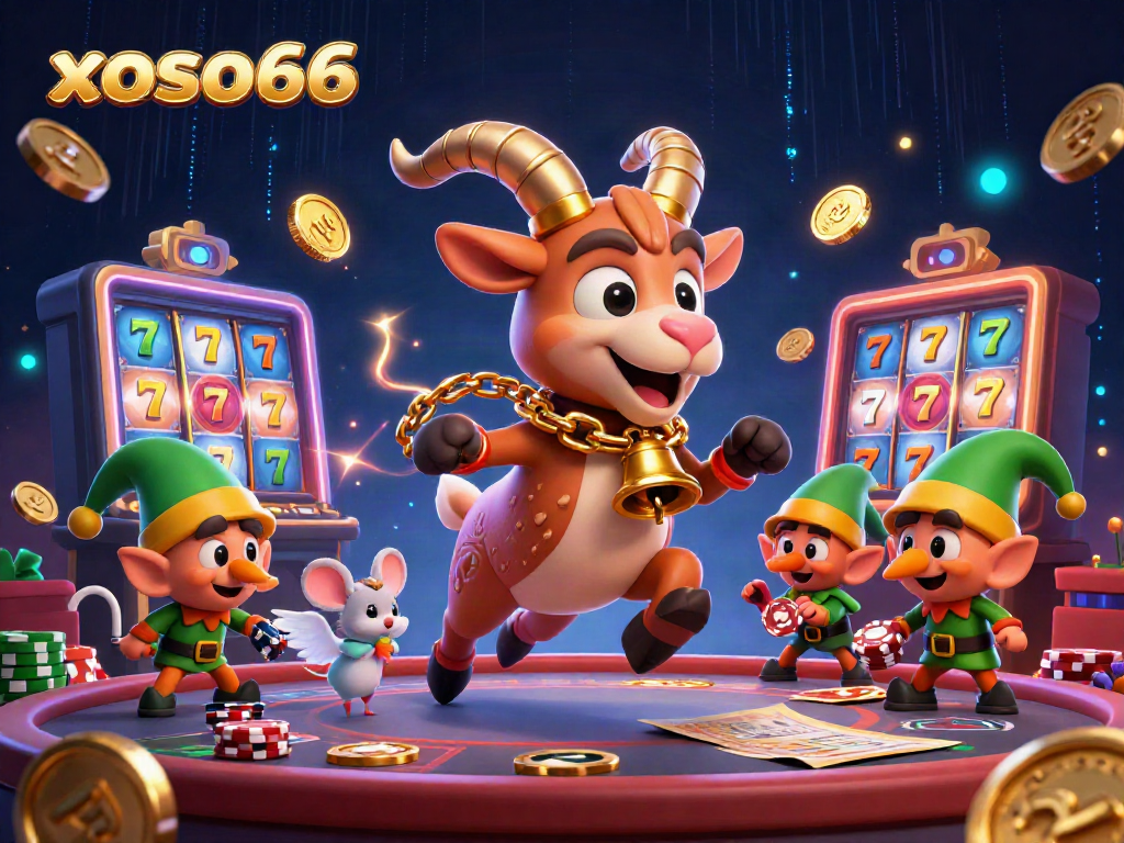 Xoso66 offers an exciting 3D casino scene showcasing a playful Krampus goat, angel mouse, and mischievous gremlins amidst spinning slot reels, creating a thrilling gambling atmosphere.