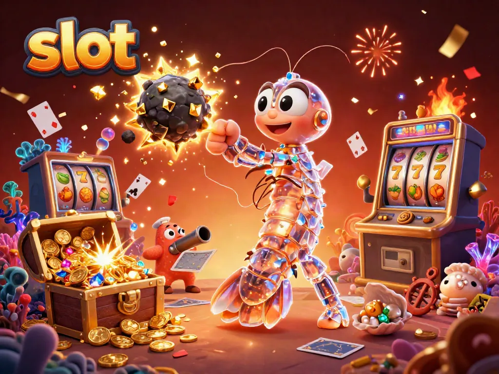 Experience the thrill of slot machines with dazzling wins and lively characters in this vibrant 3D illustration.