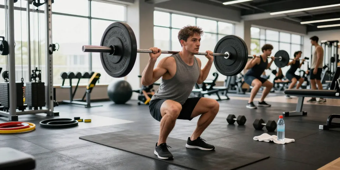 Bodybuilder at Steroide Boutique performing barbell squats in bright gym, showcasing strength training techniques.