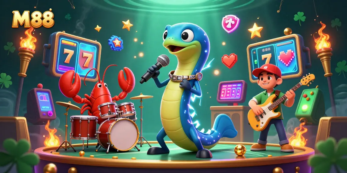 Engage with M 88 in an animated underwater casino scene featuring colorful slot reels, electric eel DJ, and vibrant game elements.