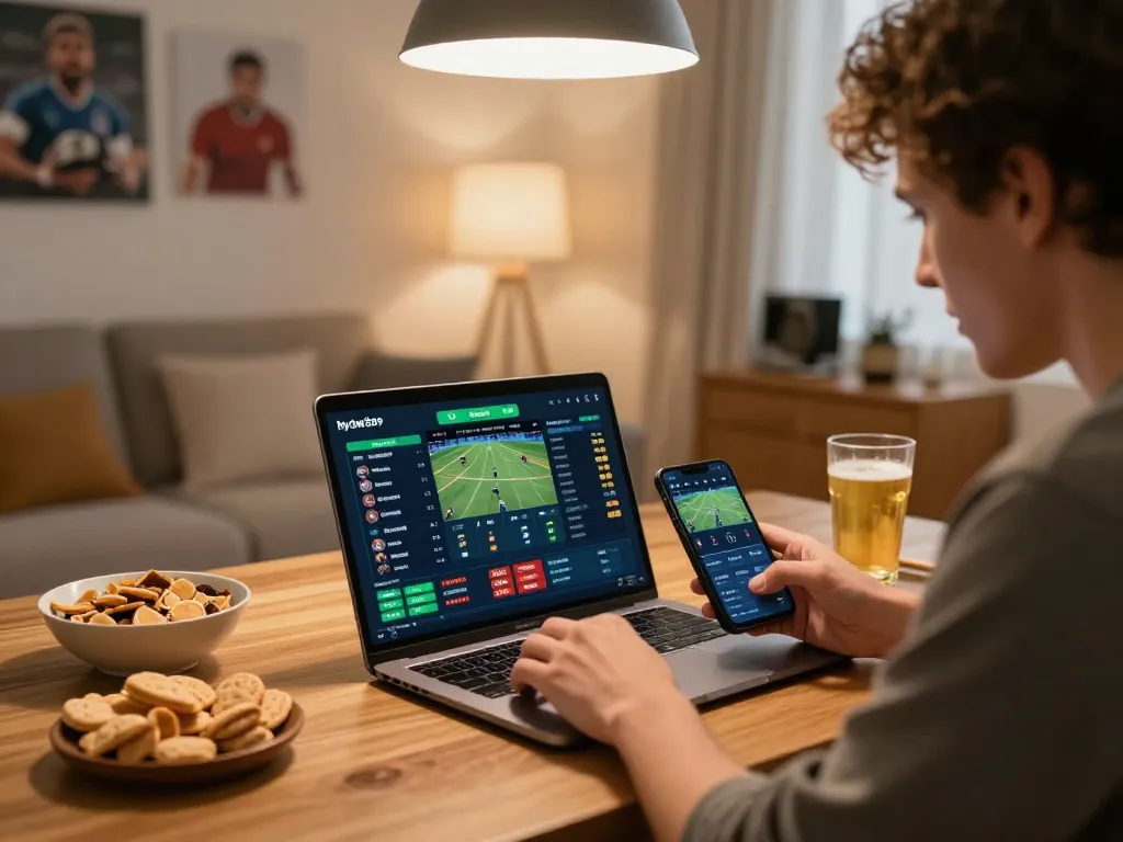 Engaged bettor analyzing odds for hytw3339 on laptop and smartphone, showcasing strategic sports betting.