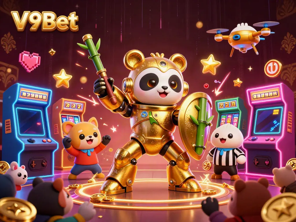 Experience the vibrant action of V9Bet in a dynamic casino scene with animated characters and gaming elements.