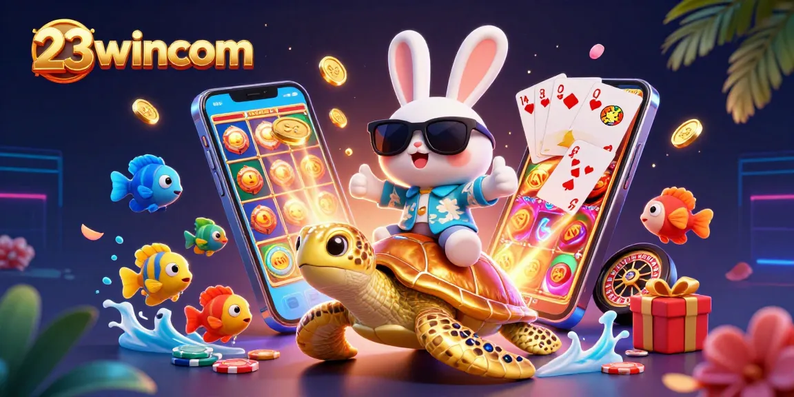 Experience vibrant gaming at 23wincom with a lively scene featuring a lucky rabbit and golden sea turtle.