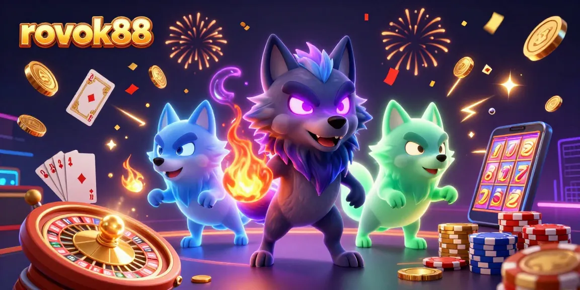 Engage with rokok88 strategies using dynamic 3D casino illustration featuring wolves, poker chips, and winnings.