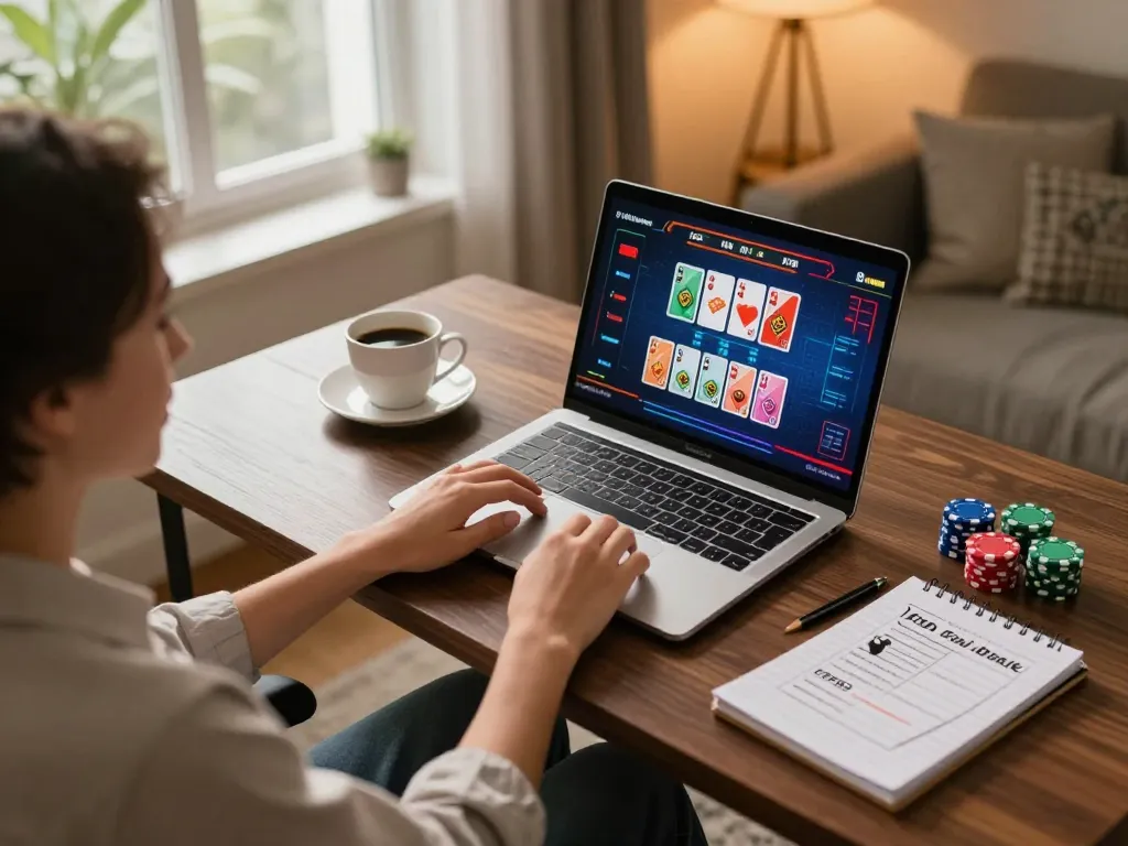 Engaged user playing dh88 online casino game on laptop in a warm home setting.