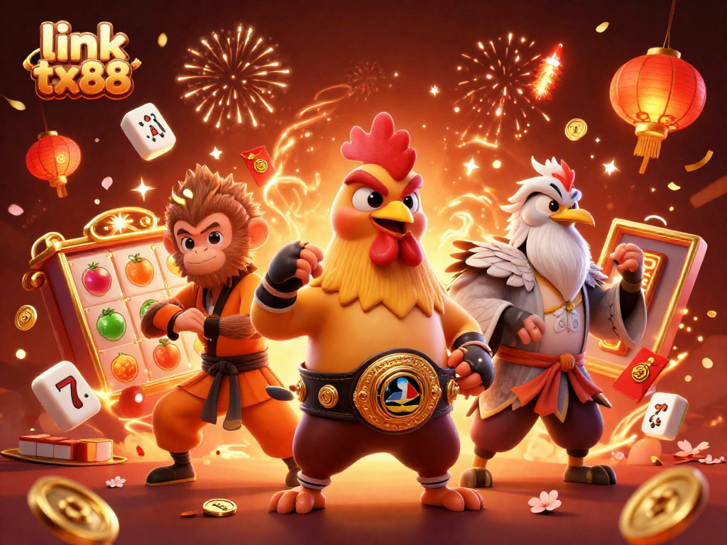 Engage with link tx88 in a vibrant scene of Muay Thai rooster and Shaolin monkey amidst lively casino elements.