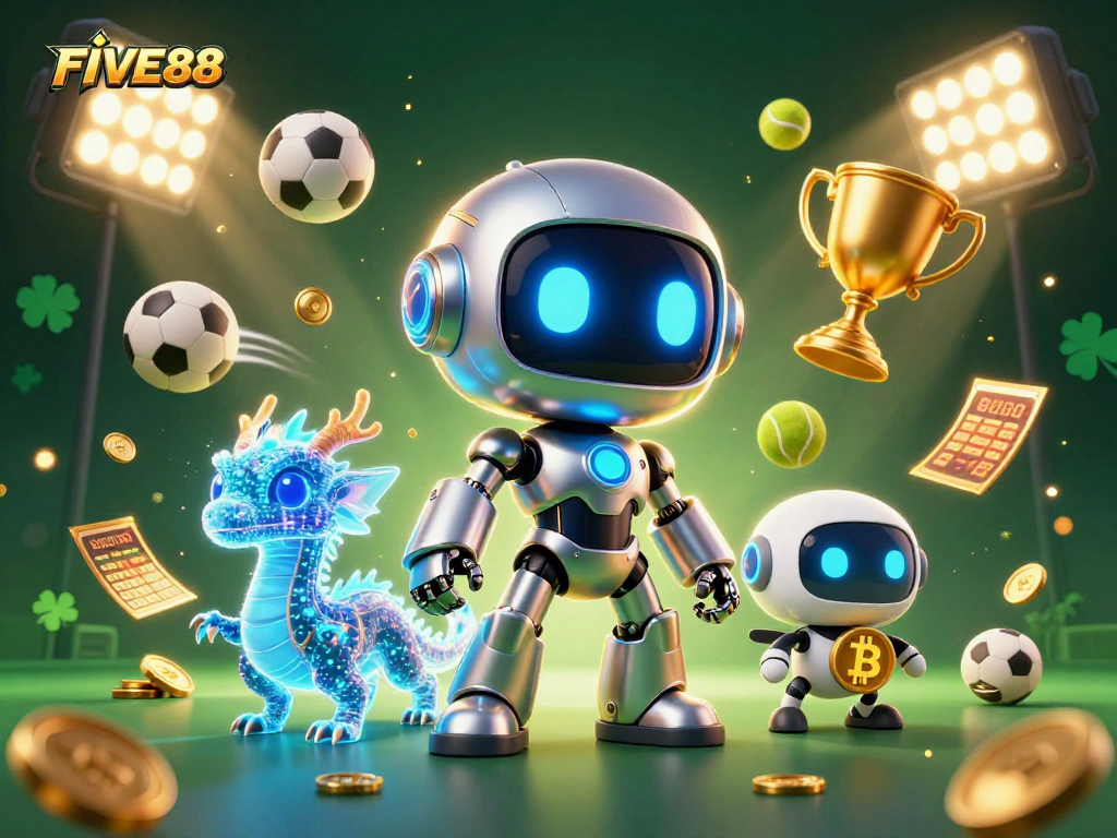 Experience the excitement of FIVE88 with animated casino characters and vibrant sports elements.