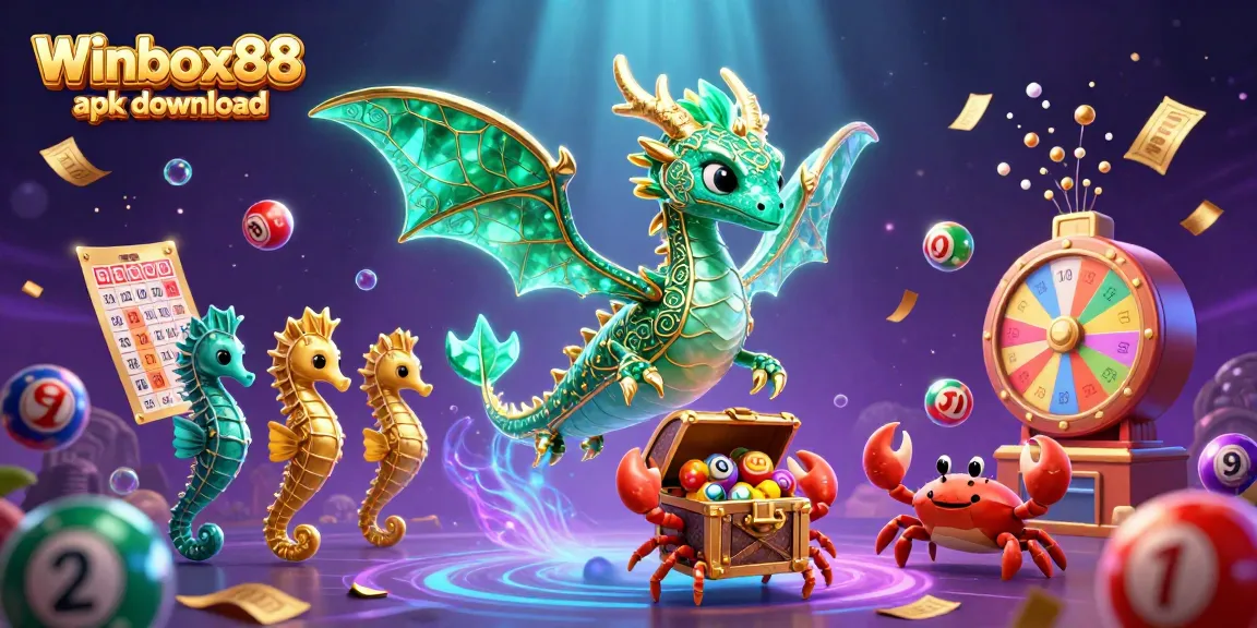 Winbox88 apk download graphic showcasing a vibrant casino scene with a magical sea dragon and lottery elements.