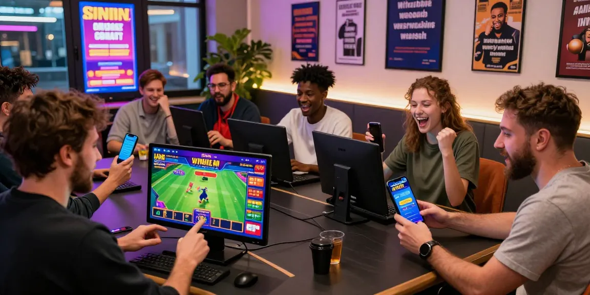 Dynamic UK88 online gaming scene with players enjoying sports betting on a smartphone app.