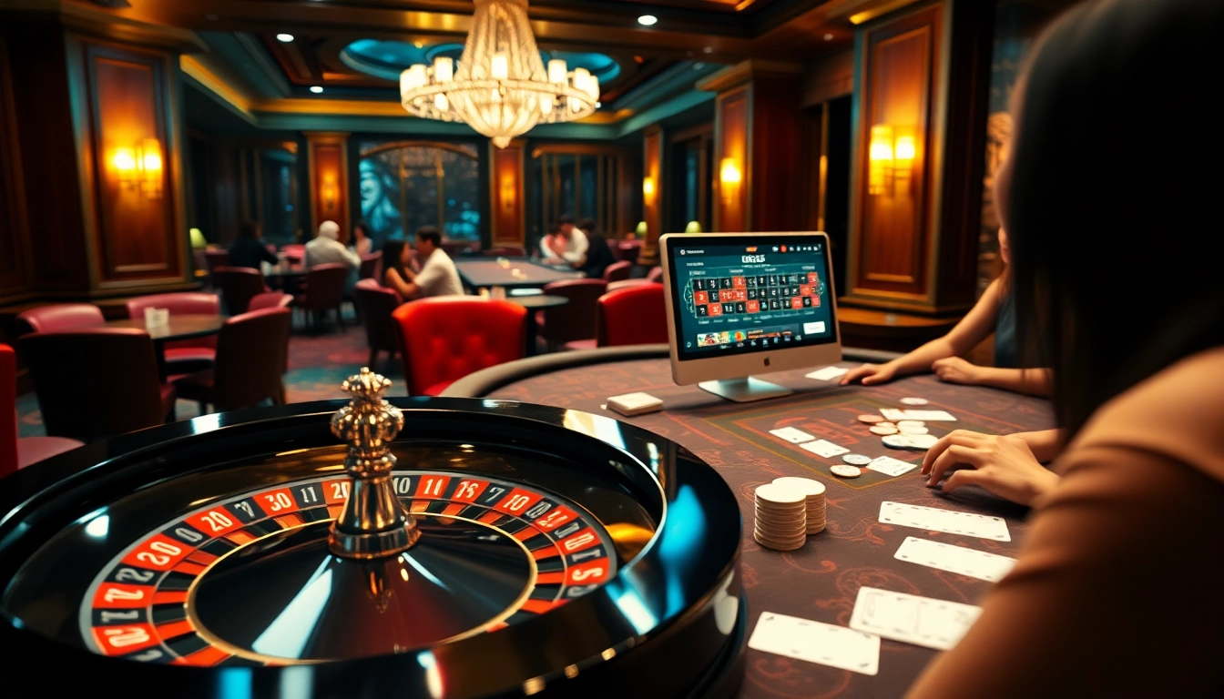 Players enjoying a thrilling game at nhà cái OK365 online casino, surrounded by vibrant tables and colorful chips.