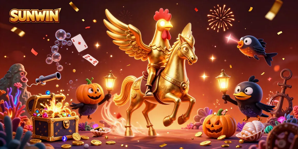 SUNWIN invites players to enjoy thrilling casino adventures with golden rooster and festive crows in a magical setting.