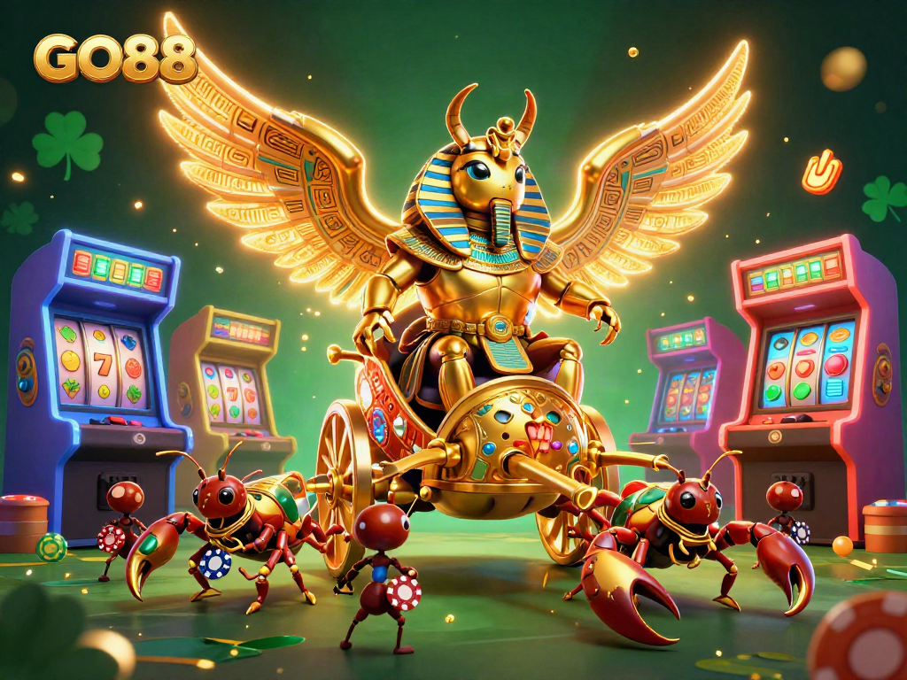 Engage in thrilling gameplay at GO88 featuring an epic 3D scene with a golden beetle and scorpions.