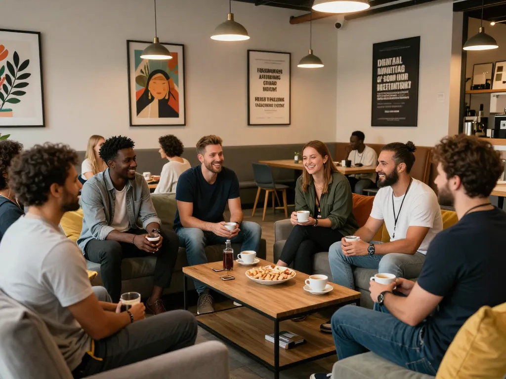 The man club community gathering with men discussing life challenges and experiences in a cozy lounge setting.