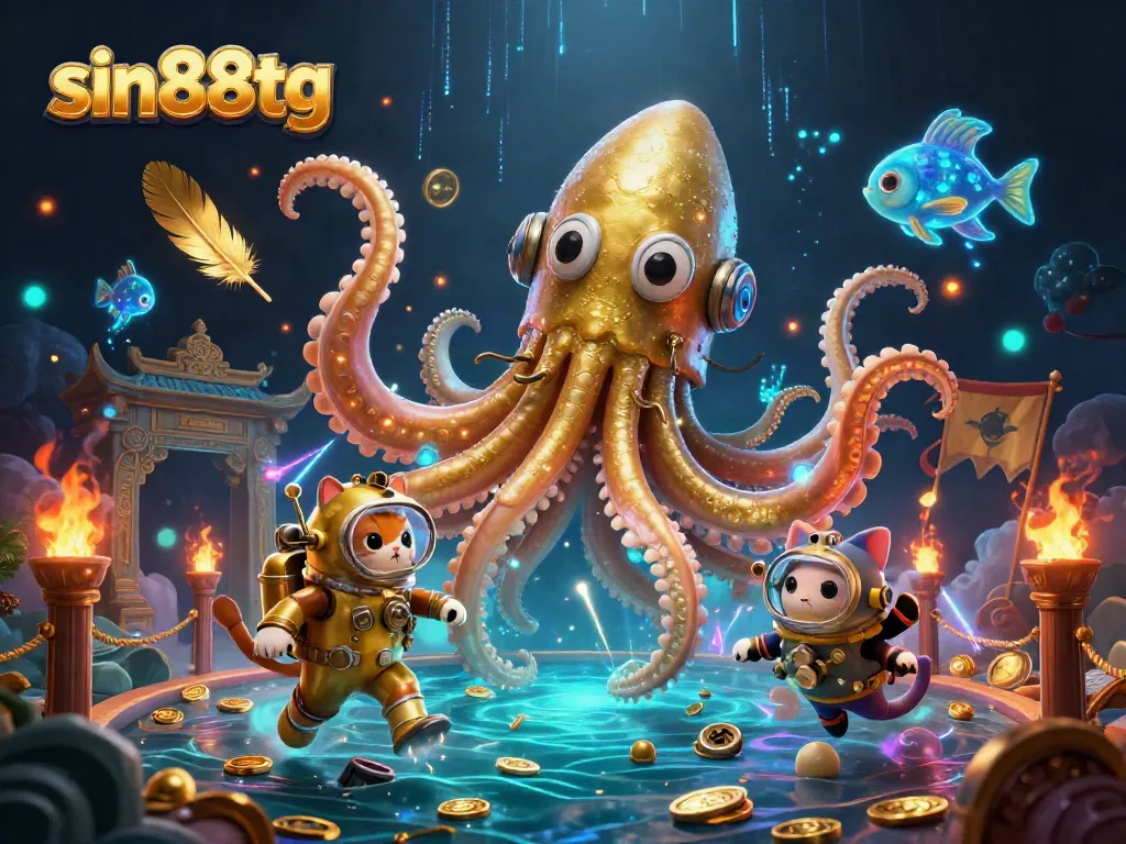 Join the thrilling adventure at sin88tg with a colossal kraken and a diving cat in a vibrant casino scene.