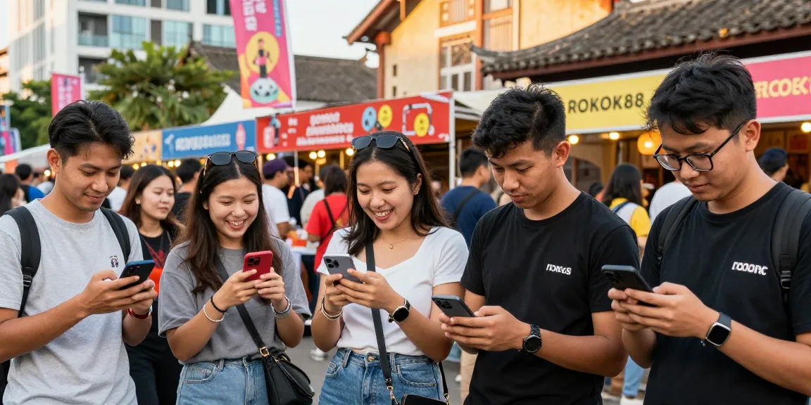 Group of friends exploring rokok88 alternatif at a vibrant outdoor event with food stalls and engaging atmosphere.