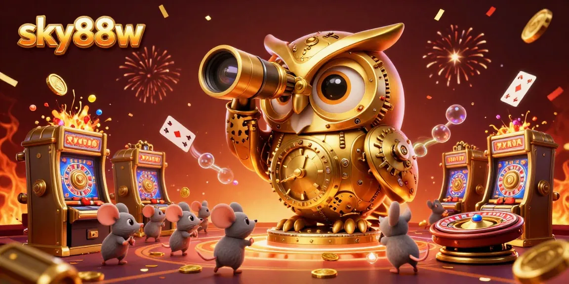 Engage in thrilling gameplay with sky88w at this vibrant 3D casino featuring an owl and mouse patrons.