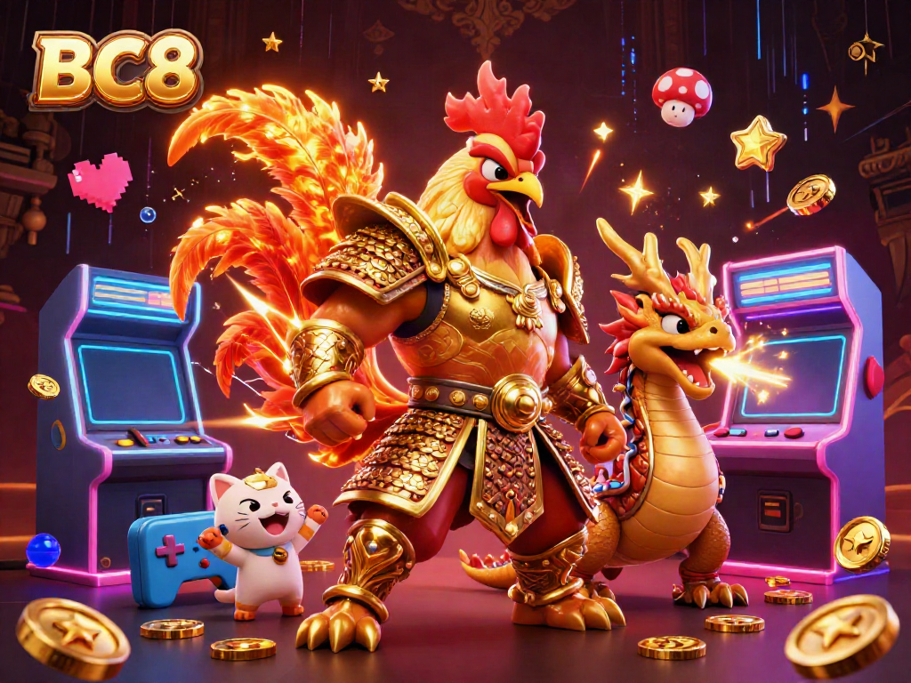 Engage in thrilling gameplay at BC8 with vibrant characters joined by casino game elements.