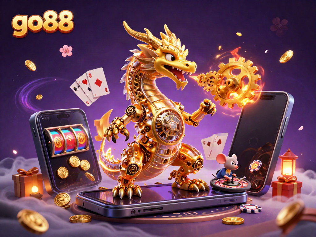 Engage with go88's thrilling gaming atmosphere featuring a majestic dragon, a smartphone with colorful slots, and festive decorations.