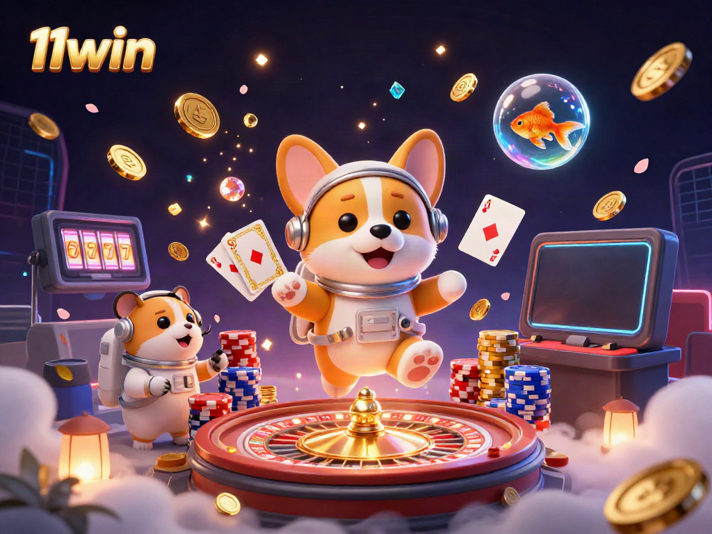 Experience thrilling 11win gameplay with a floating astronaut corgi in a vibrant space casino.